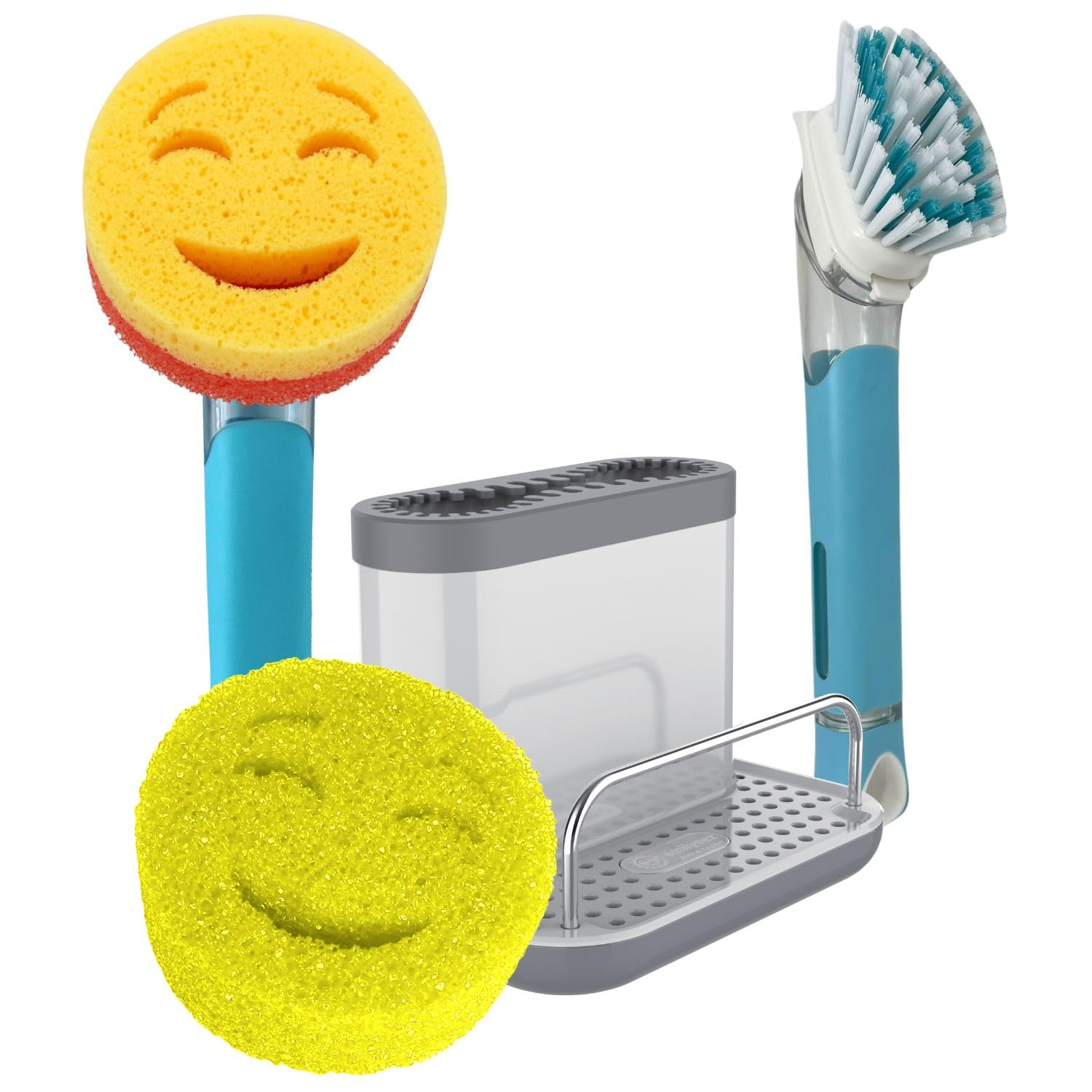 The Original Smiling Sponge Handle Soap Dispensing Handle by Smilyeez for the Smiling Sponge with Smilyeez Caddy &amp; Dishwand with 2 Scrub Brushes (Light Blue)