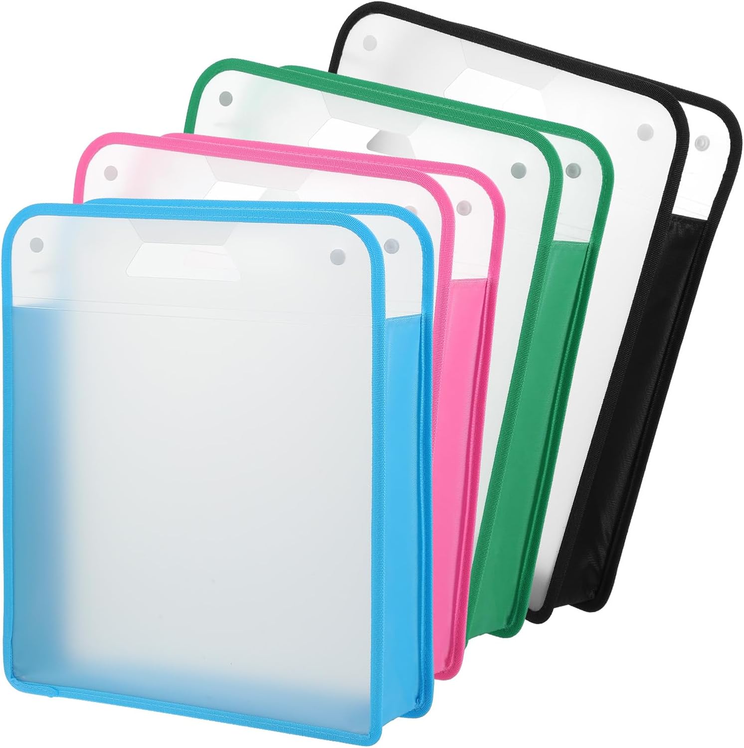 4 Packs Clear Scrapbook Paper Organizers, Expanding Folio with Handle, Portable 16 x 13 Inches Paper Storage Organizer for 12 x 12 Sheets(Blue, Pink, Black, Green)