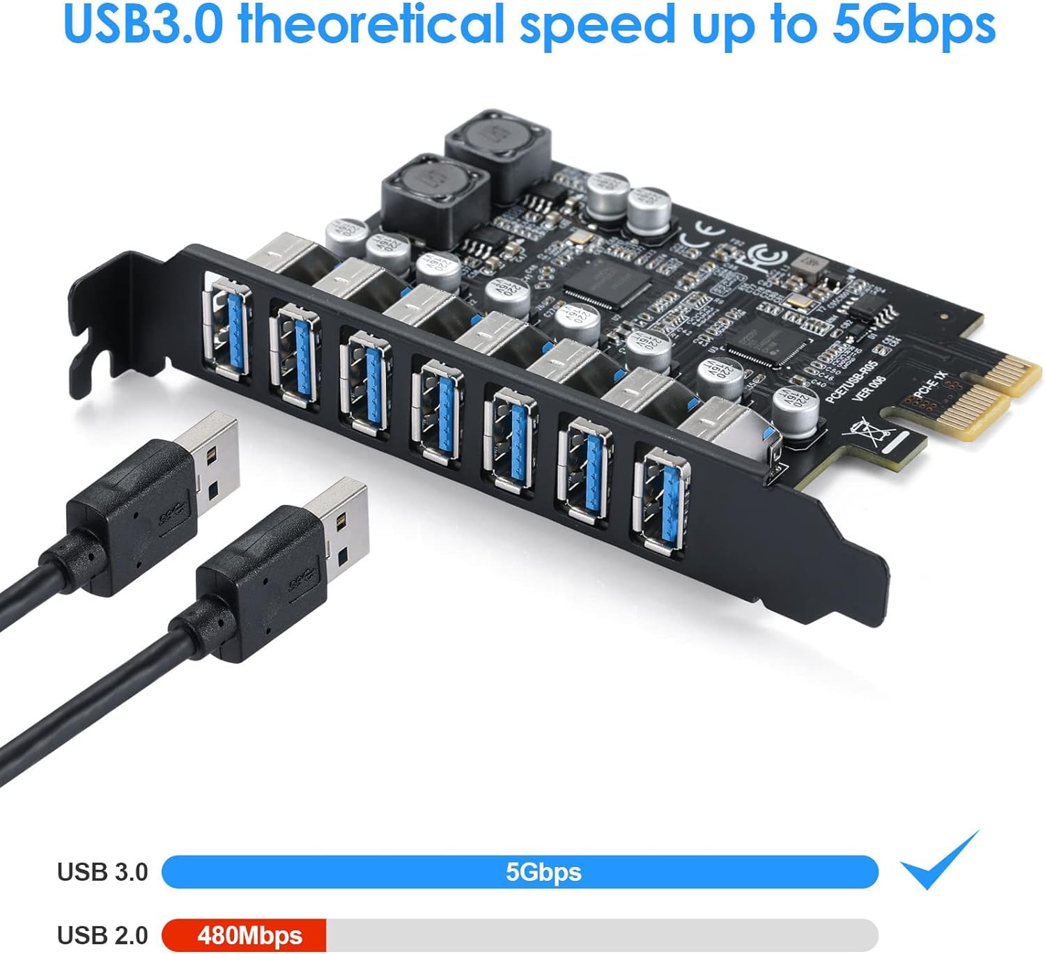 Tarjeta de Expansión de 7 Puertos USB 3.0 PCI Express, Conector de Tarjeta PCIe USB 3.2 (USB 3.1) Gen1 Card Hub Interno Conecta 7 Dispositivos para Windows 11/10/8/7/Vista/XP | Windows 11/10/8/7/Vista/XP