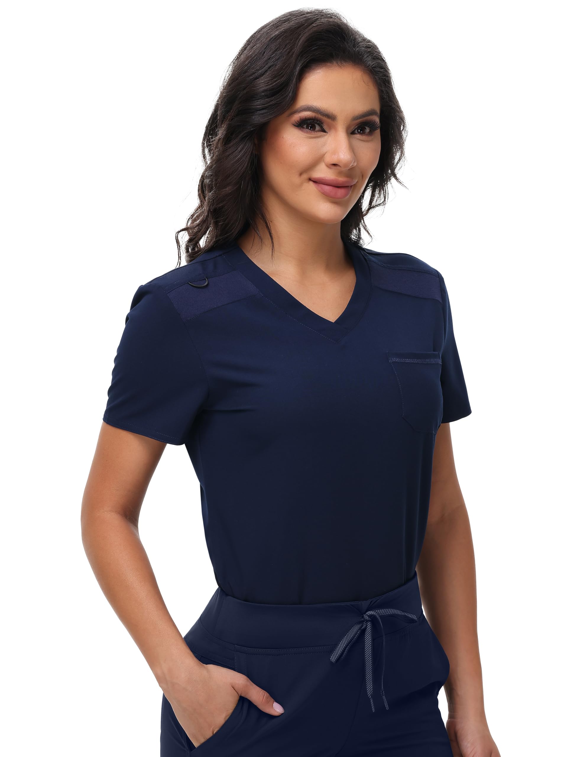 FIRST WAYWomen's V-Neck Scrub Top with One Chest Pocket - Soft Stretchy Medical Uniforms - Tuck in Nurse Scrubs