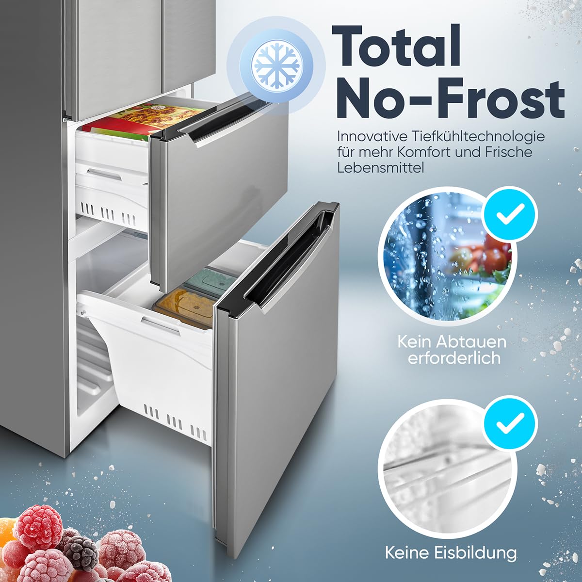 Bomann Réfrigérateur et Congélateur 320L Inox KG7361-Inox, Système MultiAirflow, Totalement Sans Givre, Éclairage LED, 4 Étagères en Verre, 2 Tiroirs Congélation, Économie d'Énergie