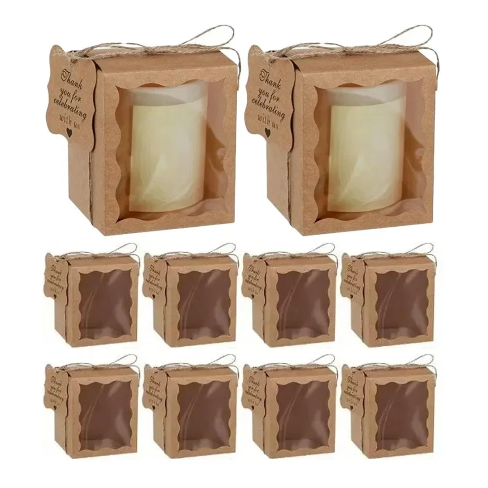 Gwyzax Boxes with Lids 20PCS/set Kraft Paper Open Window Gift Box Baking Cake Cup Favor Candy Packaging Boxes with Tag Rope Wedding Party Decoration