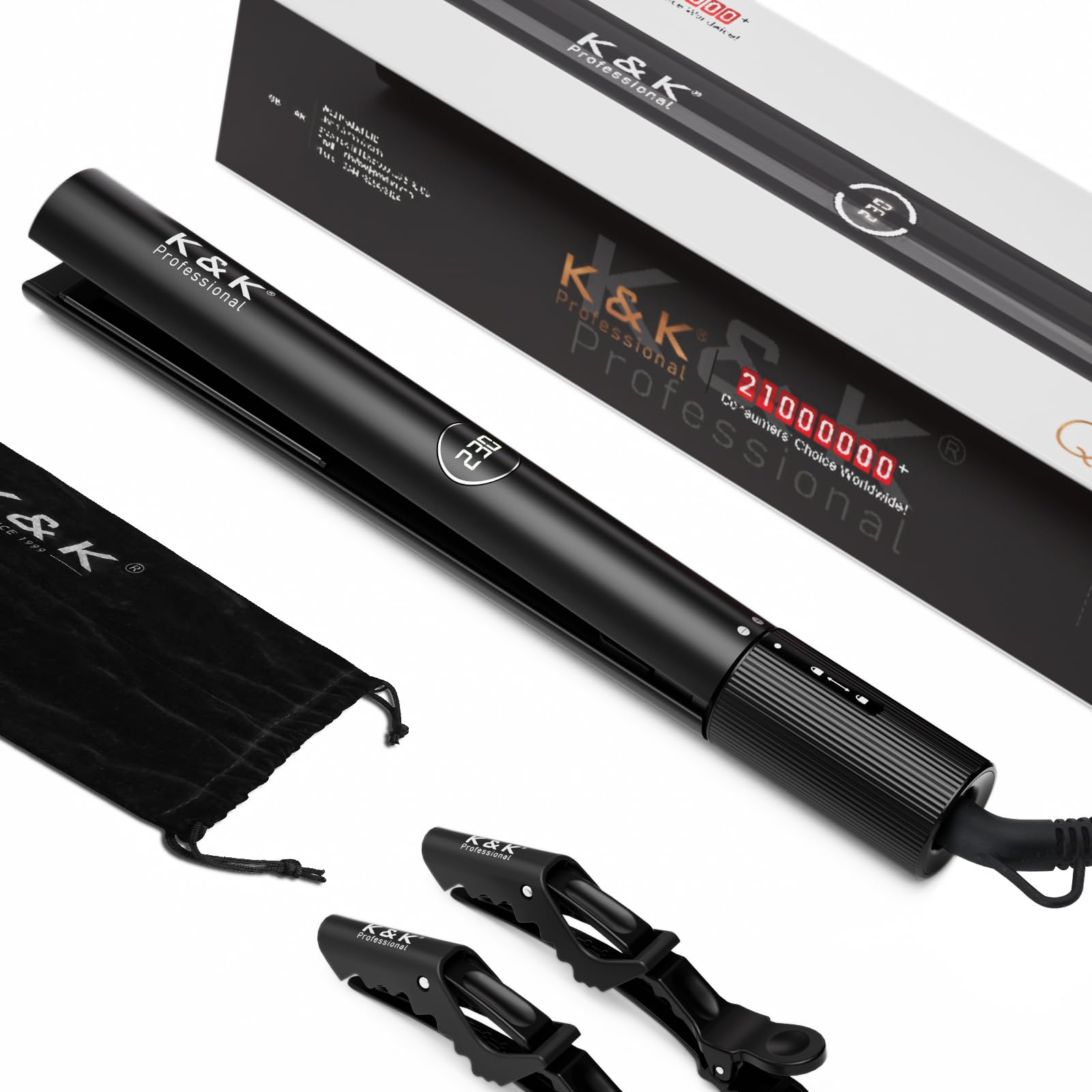 K&K Straight & Curl 2 w 1 prostownica do włosów, profesjonalna ceramiczna powłoka turmalinowa, prostownica do włosów, do prostowania włosów, gęste loki, fale plażowe, 232°C, podwójne napięcie