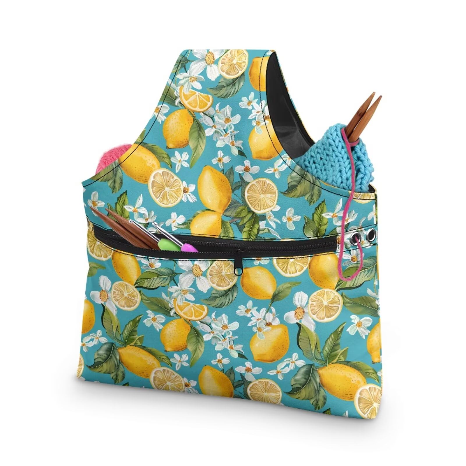 ASQVTIFE Lemon Flower Yarn Bags for Knitting Flower Yarn Tote for Crocheting Project Knitting Accessories Store Skein Ball Small Needlework Tool Bag Handbag with Front Zipper Pocket