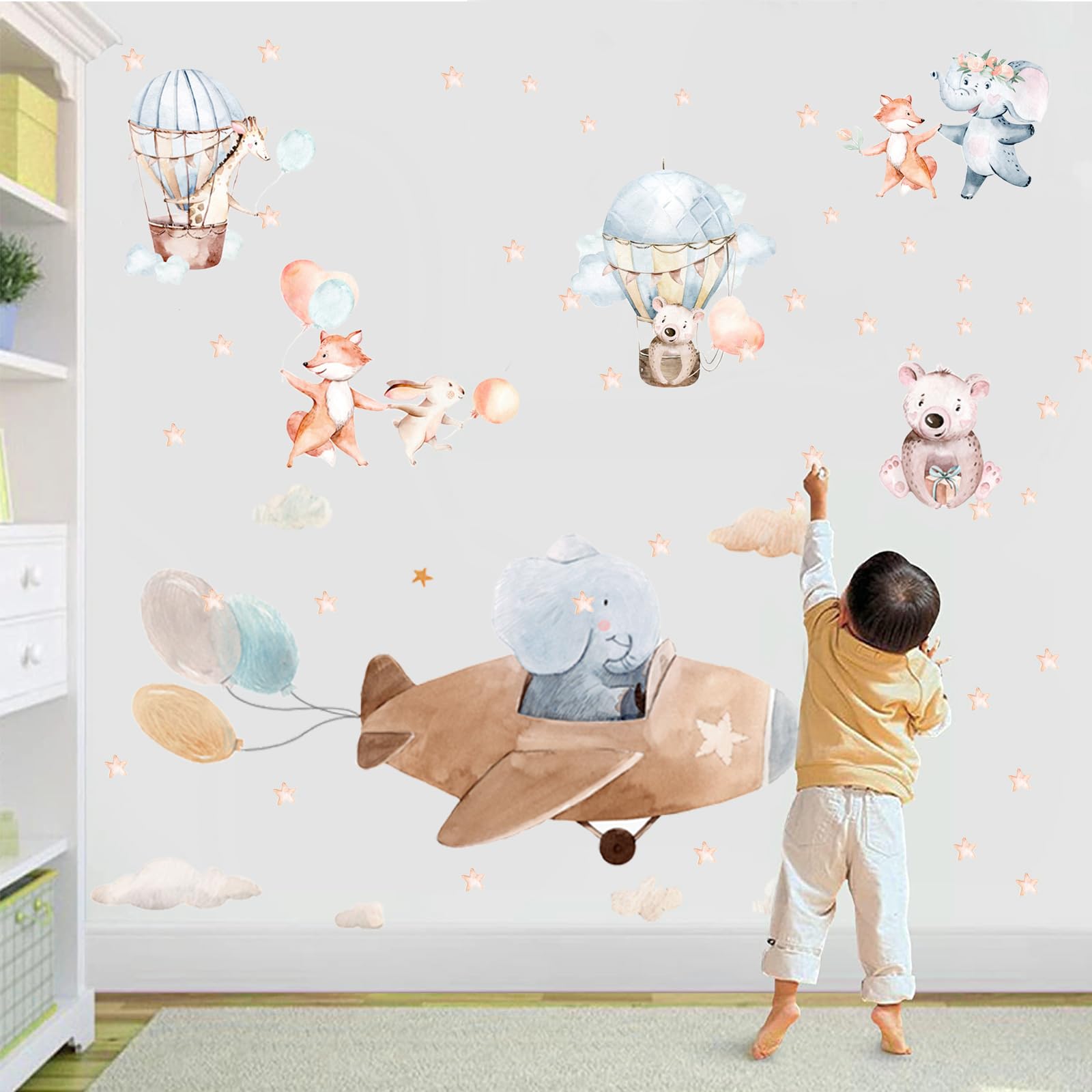 43 Pcs Pegatinas de Pared Globos Aerostáticos de Animales, Pegatinas de Pared Animales del Bosque para Habitación Infantiles Niños Dormitorio Guardería