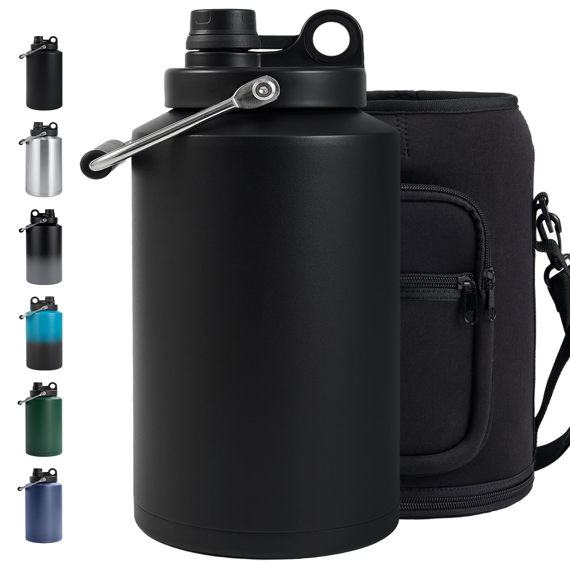Insulated Gallon Jug with Handle, One Gallon, 128oz Stainless Steel, Large Double Vacuum Water Bottle for Cold Drinks, Wide Mouth, Sweat Proof, Carrier bag, Great for Travel, Camping, Black