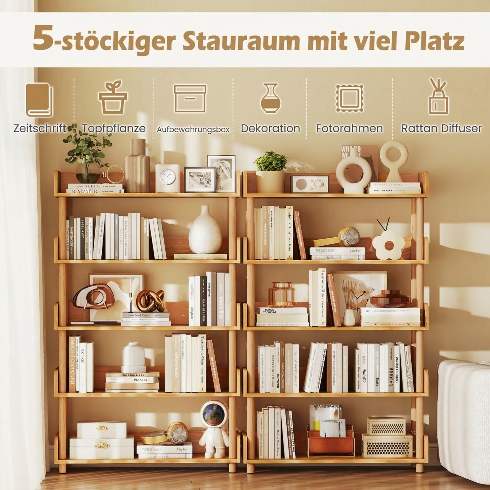 COSTWAY Eckregal mit 5 offene Ebene, freistehendes Bücherregal mit Holzrahmen & Oberkante, Holz Standregal, Lagerregal, Aufbewahrungsregal für Wohnzimmer, Schlafzimmer, Kinderzimmer, 80x24x130,5 cm