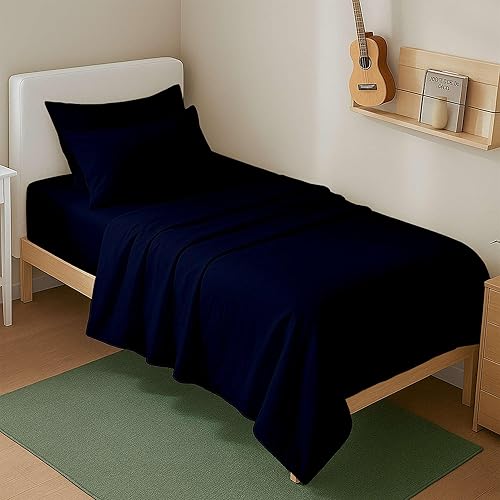 Juego de sábanas de 4 piezas tamaño individual (39 x 75 pulgadas), color azul marino, 100% algodón egipcio, sábanas refrescantes de 600 hilos,