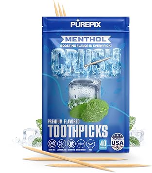 PurePix Crush Menthol Flavored Toothpicks Quit Smoking Support, Thick Birchwood Infused Sticks, 40 Count Pouch, Long-Lasting Taste, Nicotine Free, Quit Smoking Gift, Vegan & Gluten-Free, Made in USA
