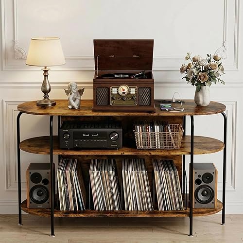 Record Player Stand with Vinyl Storage, Large Wooden Record Storage Cabinet Holds 200+ Albums, Turntable Stand for Living Room & Bedroom, Round