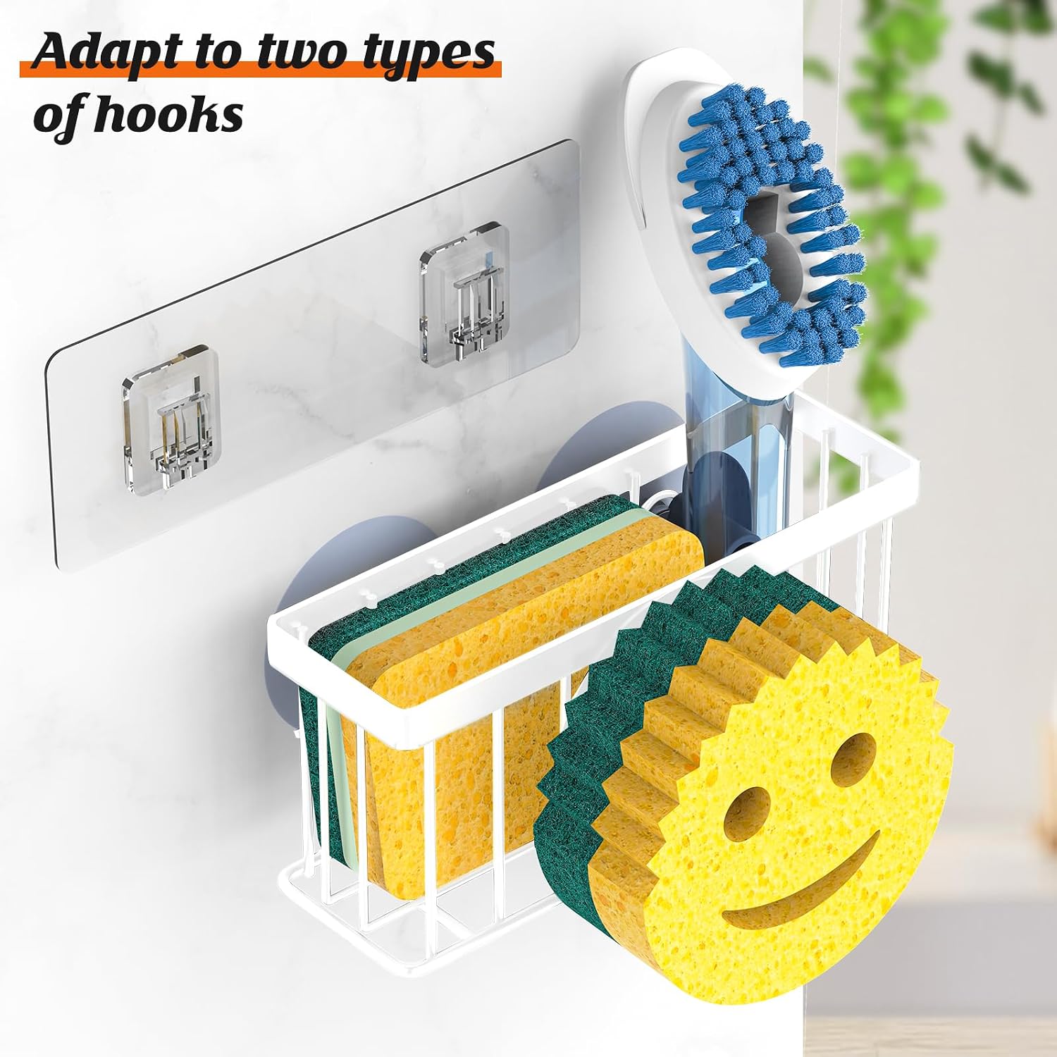 Sponge Holder Smiley Face, Sink Organizer with 2 Suction Cups/1 Adhesive Strips, Designed for Sponge, Soap, Dish Brush, Scrubber - White image 3