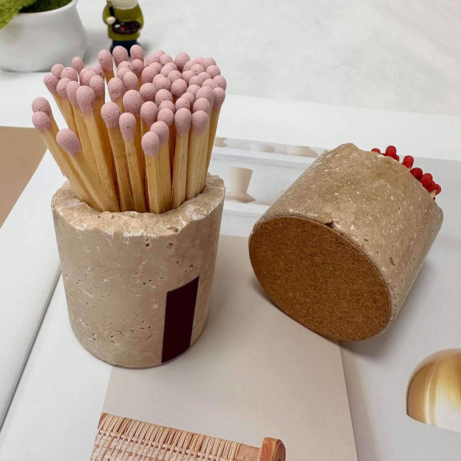 Natural Travertine Stone Match Holder with Striker, Irregular Raw Edge Decorative Match Storage Jar, Matchstick Container for Candle Lovers Bathroom Home Decor - Set of 2 (Matches Not Included)