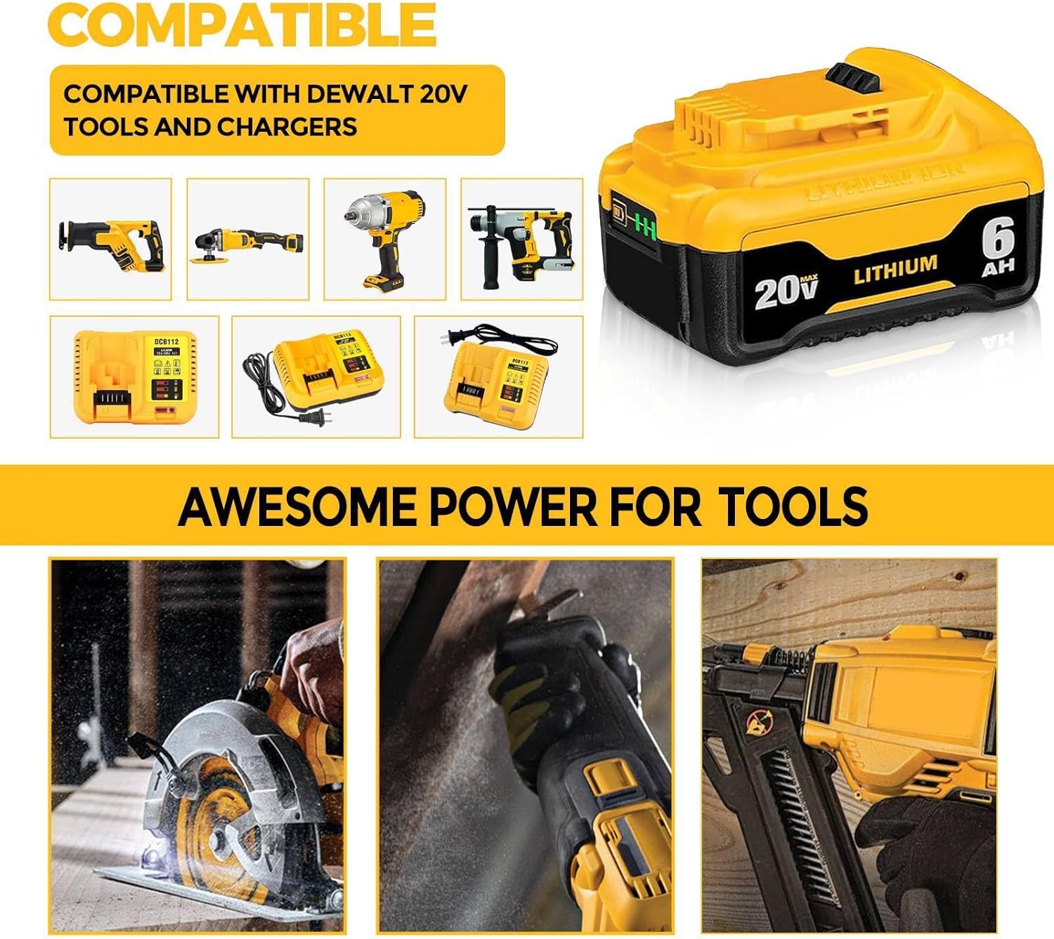 2 Pack DCB200 6000mAh Replacement for Dewalt 20V Max Battery and DCB112 Charger Combo DCB200 with 12V/20V DCB112 Station Kit Compatible with Dewalt 20v Tools