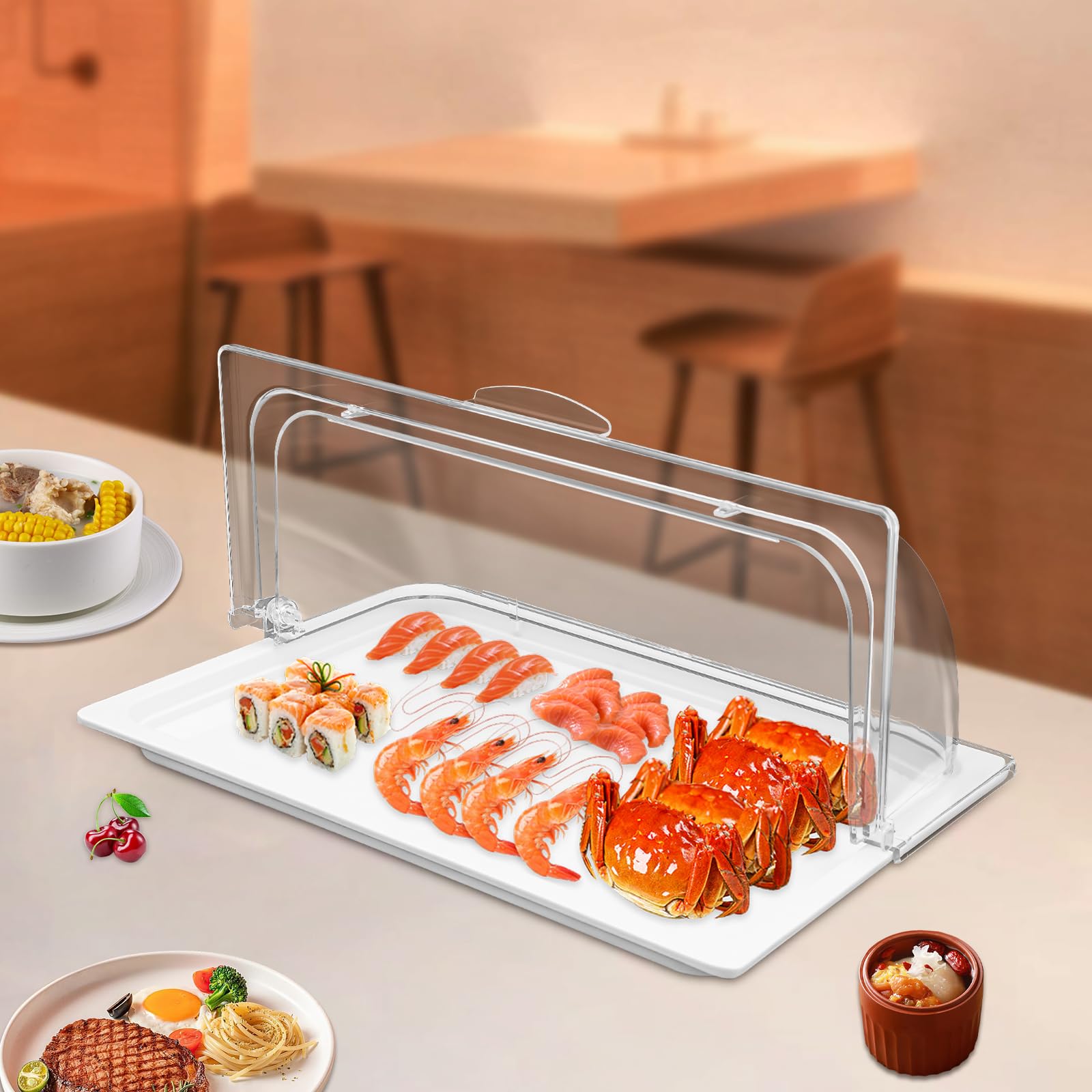 Servierplatte Für Speisen, Große, Transparente, Rechteckige Buffetplatte (42 X 28 cm) Mit Transparentem Rolldeckel, Geeignet Für Desserts, Kuchen, Obstsalat Und Restaurants, Hotels, Partys Und