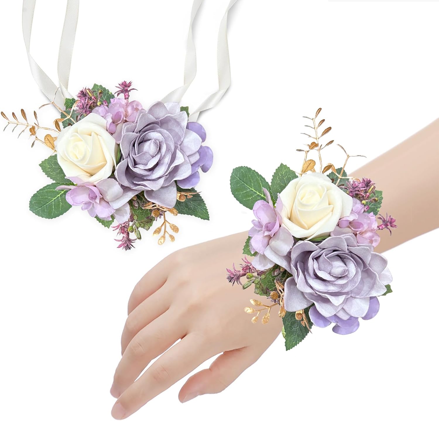 Purple Gardenia Wrist Corsages for Wedding (Set of 6), Lavender Corsage Hand Flowers Lilac Prom Corsages Wristlet for Bridal, Girls, Women, Mother of Bride and Groom