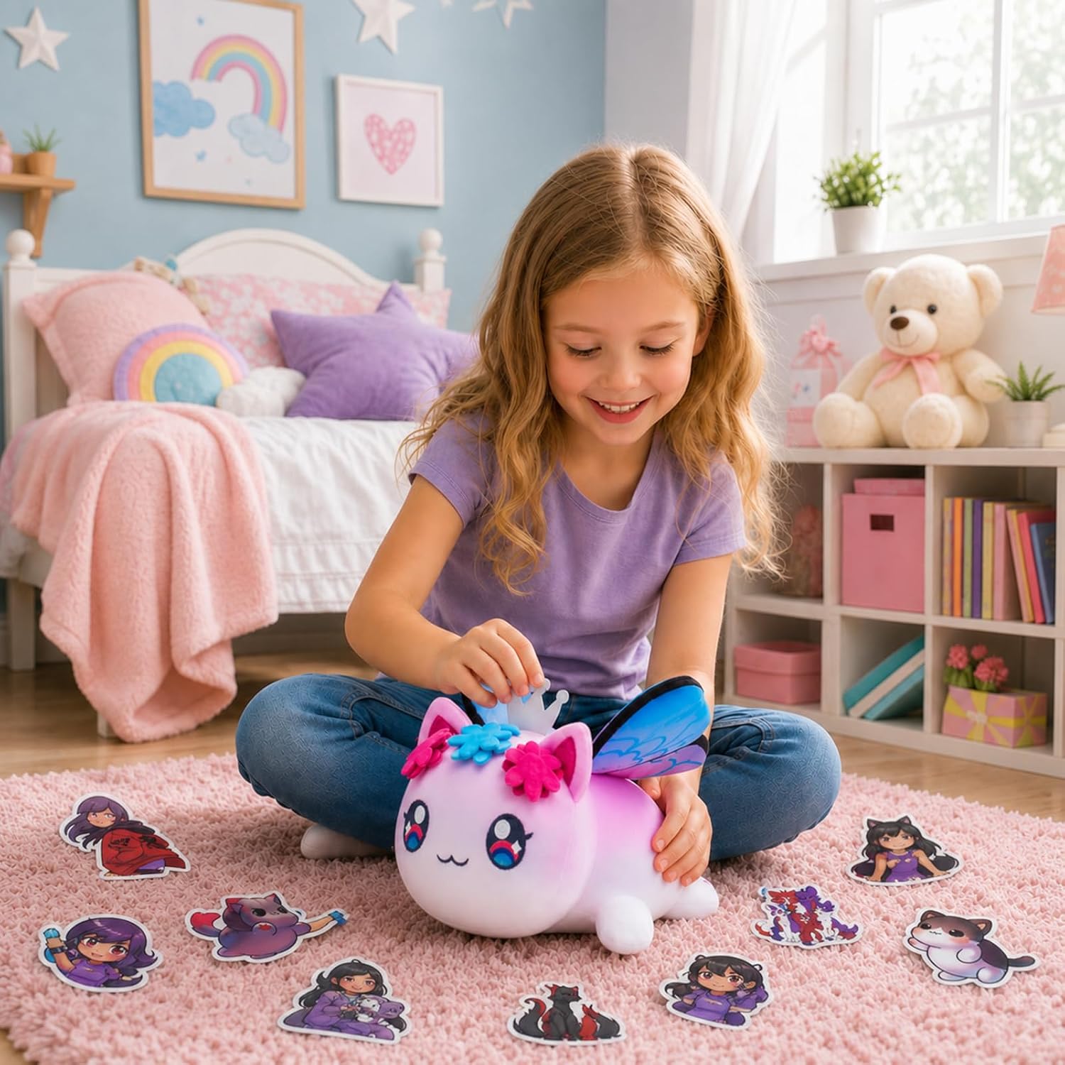 61-PCS | Fairy Cat Plush Toys + 60 PCS Sticker- Fantasy Themed Mini Squishy Figures - Embroidery Plush Pillow - Kawaii Cat Stuffed Animal Collectibles - Includes Cartoon Stickers