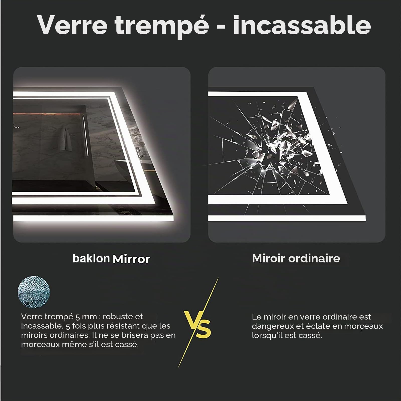 Miroir de Salle de Bain, avec éclairage, 120 x 70 cm, Miroir Mural et Interrupteur Tactile, IP65 LED, avec Fonction mémoire, 3 températures de Couleur, Horizontale/Verticale, Verre trempé HD