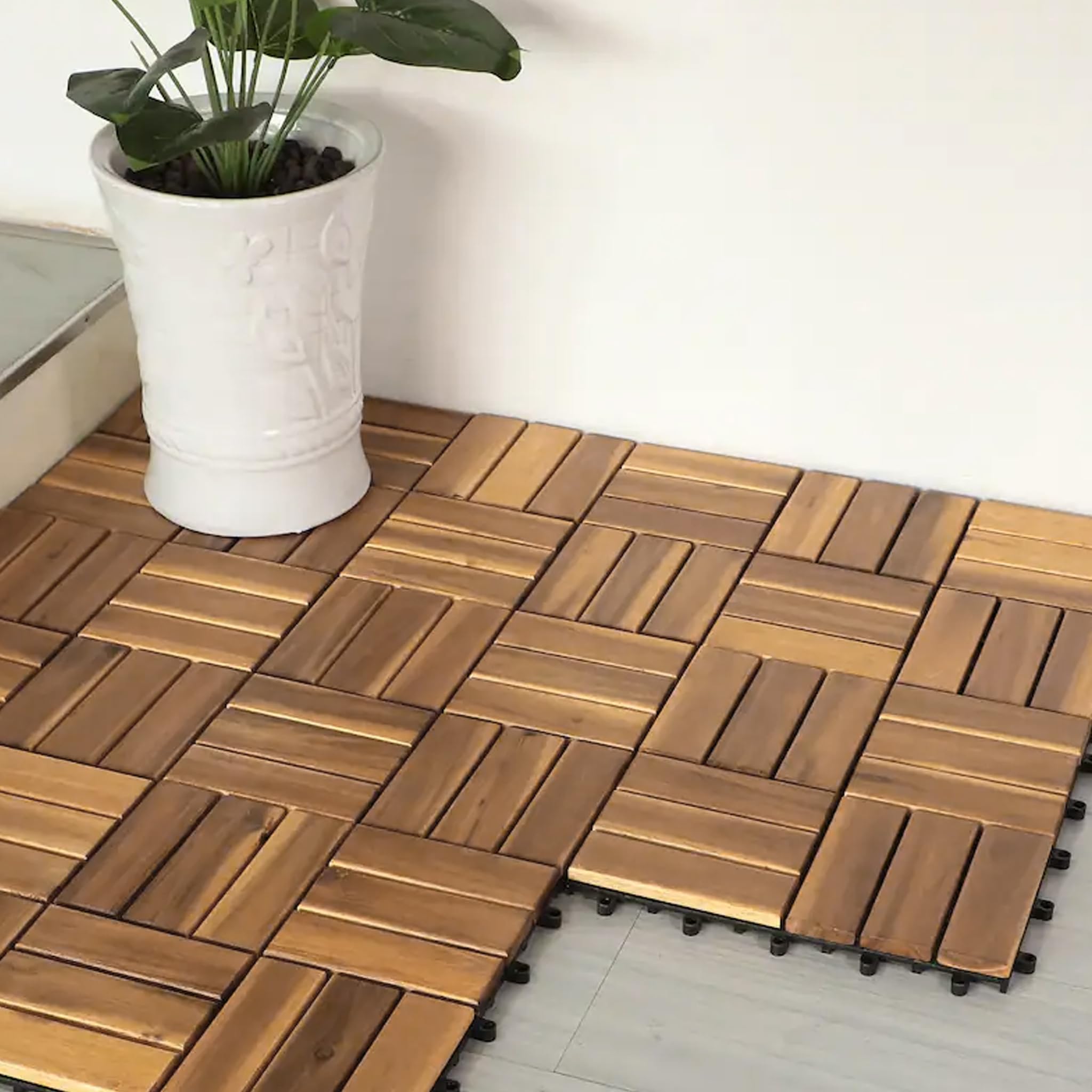 Baldosas de Madera de Acacia para Terraza 30x30cm Losetas Placas con Red de Drenaje de Plástico Resistentes a Intemperie Juego de 11 Revestimientos para Suelo de 1m² Exterior Balcón (Tipo B)