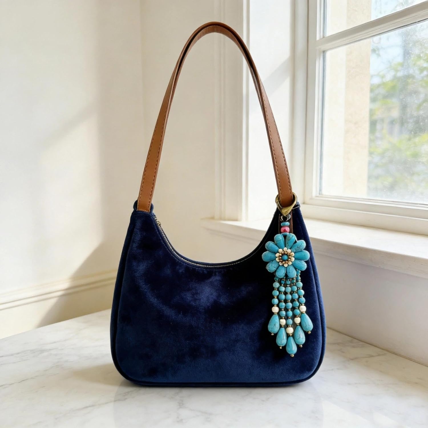 Boho Flower Keychain with Beaded Tassel, Turquoise and Cream Beaded Bag Charm for Women,Purse Charms for Tote Bag Handbags Backpacks