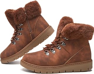 Women's Winter Boots Ankle Booties for Women Warm Fuzzy Boots Lace up PU Leather Snow Boots with Zipper