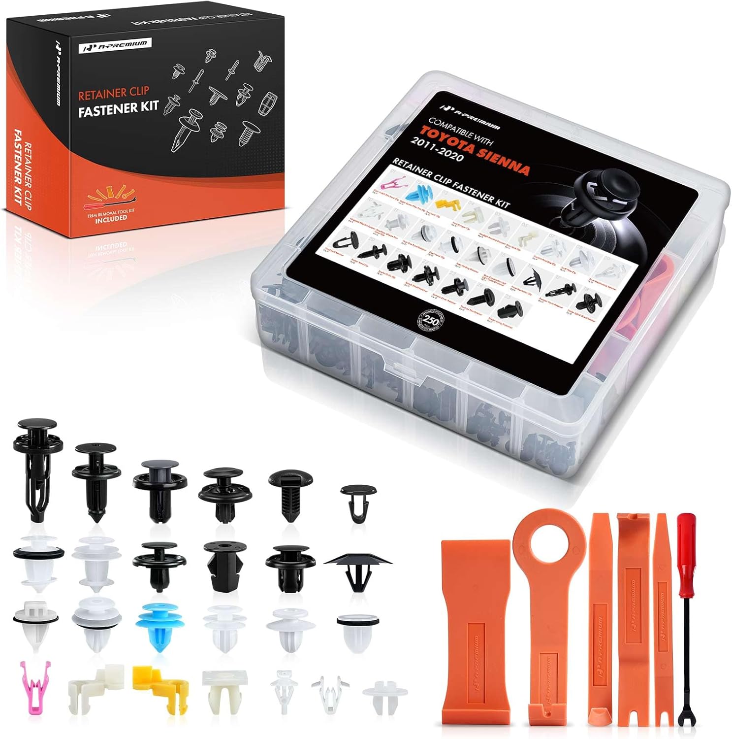 A-Premium 25 Sizes 46.08oz Bumper Fender Hood Retainer Clips Kit Compatible with Toyota Sienna 2011-2020 Door Trim Lining Splash Car 250PCS Plastic Rivets Fasteners Push Retainer Kit, w/Removal Tool