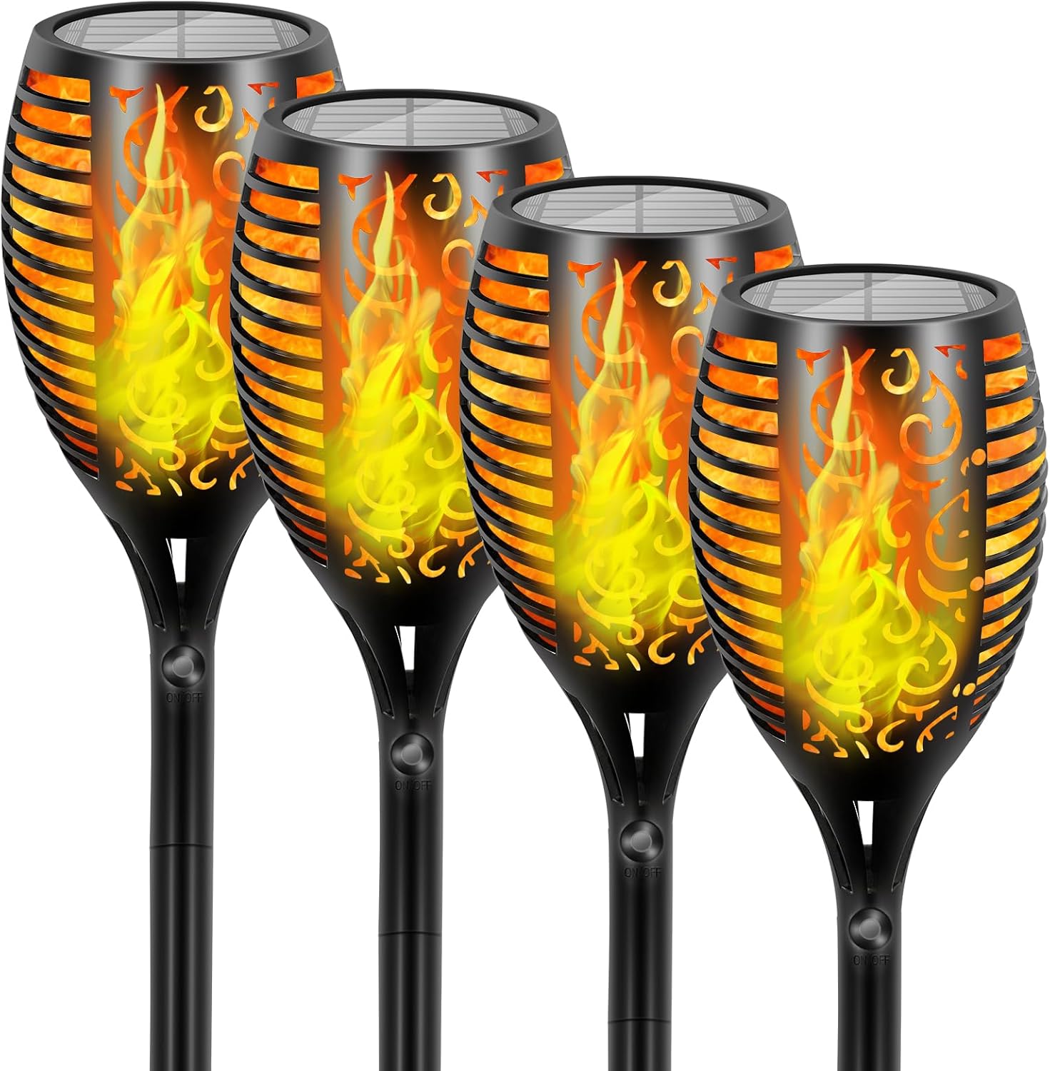 4 Pack Solar Lights Outdoor Larger 96 LED Solar Tiki Torches with Flickering Flame Upgraded Taller 43" Outdoor Lights Waterproof for Garden Patio Yard Pathway Outside Halloween Decorations