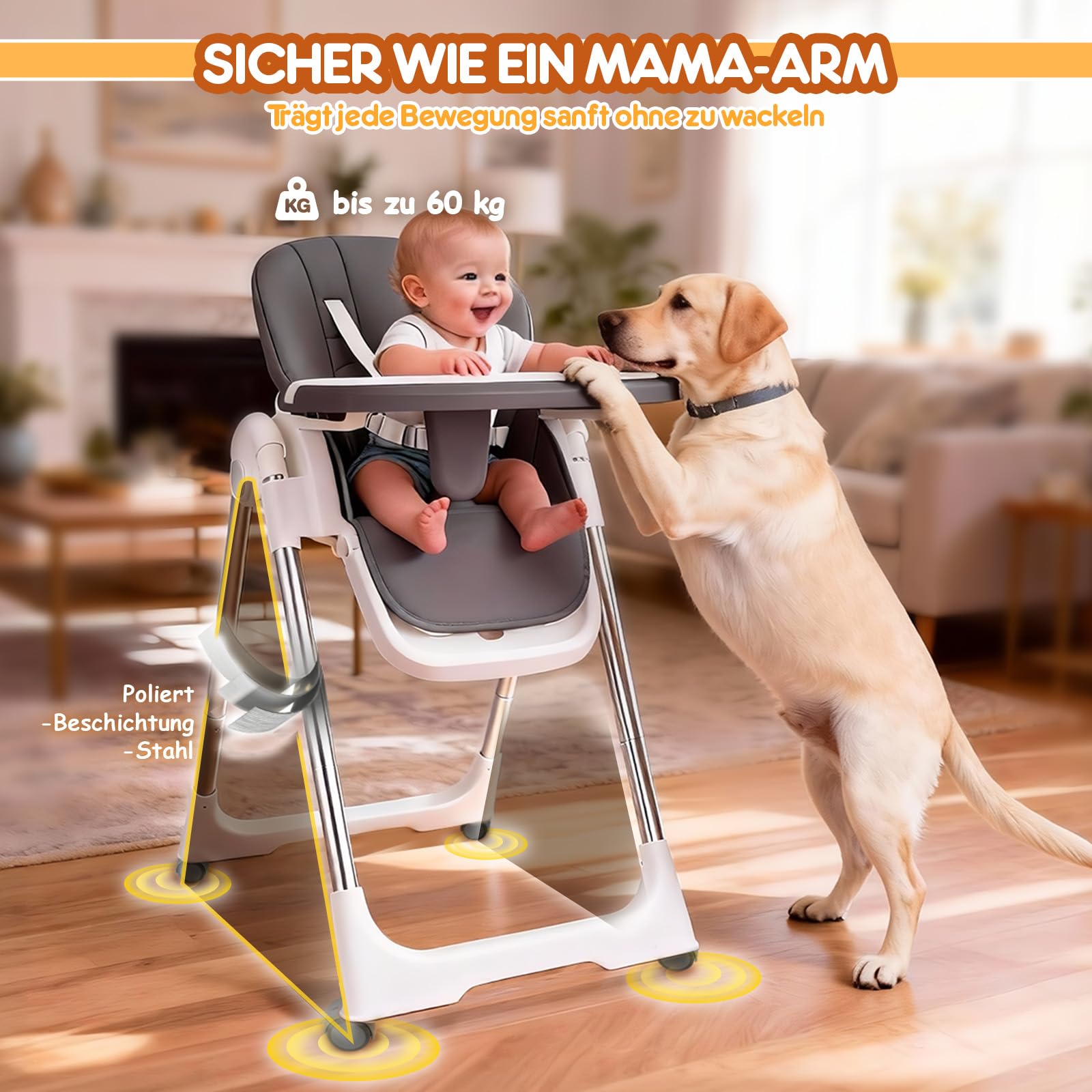 Soontrans Hochstuhl Baby, Sicher am Familientisch zum Essen Spielen Entdecken, Mitwachsend Ab Geburt bis Kleinkind, Liegeposition & Höhenverstellbar & Klappbar, aus Metallrahmen & Gepolstert(Anthrazit