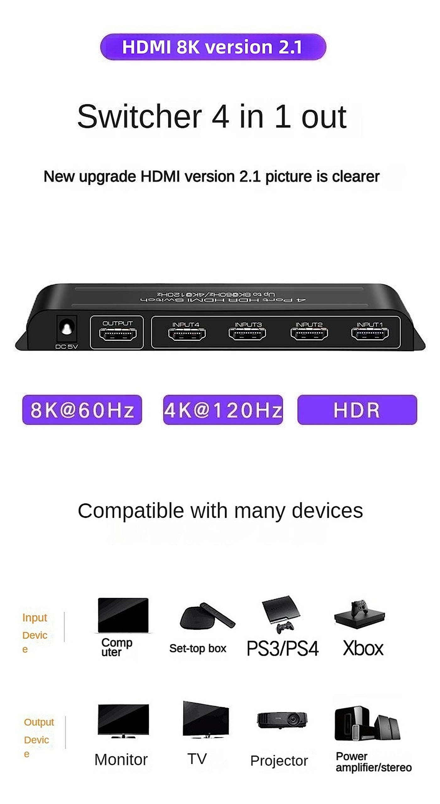 8K HDMI 2.1 Przełącznik HDMI 4 W 1 4x1 HDCP2.3 Automatyczne przełączanie Sterowanie IR 48Gbps 8K@60Hz 4K@60hz/120Hz HDR10+ VRR HLG HDR ALL Dolby Vision Atmos AC3
