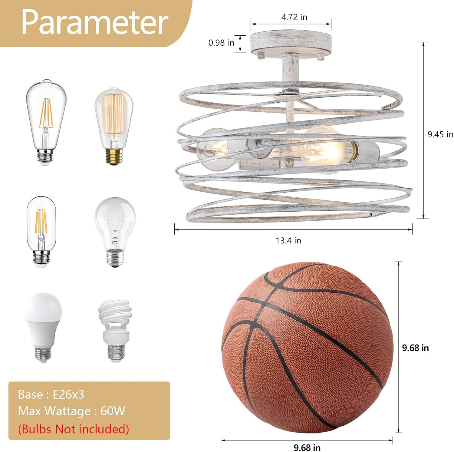 White 3-Light Rustic Drum Semi Flush Ceiling Light Fixture, Retro Farmhouse Chandeliers Metal Cage for Dining Room, Industrial Pendant Light Fixture for Entryway Kitchen Foyer Bedroom