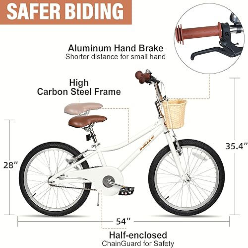Miniatura 4 de WEIZE Girls Bike for 6-12 Years Old, 20 Inch Kids Bike with Basket and Kickstand, Retro Style Childrens Bicycle for Teen Girls, Lightweight Steel