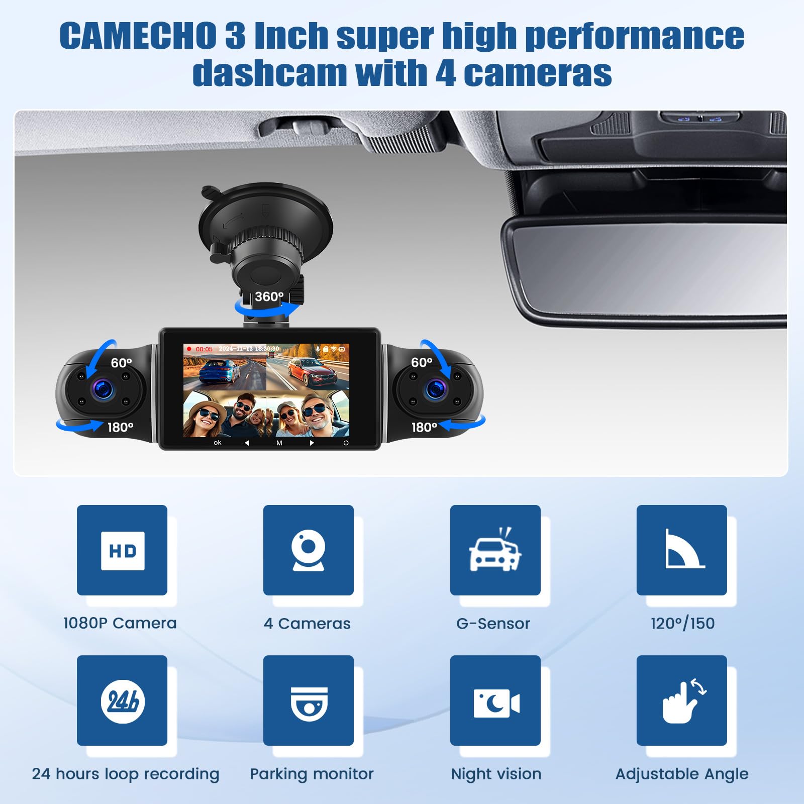 CAMECHO Dashcam Coche Delantera Trasera con 4 Cámaras FHD 1080P Gran Angular, Pantalla IPS de 3 Pulgadas 360° Dash-CAM con WiFi App Visión Nocturna G-Sensor 24H +Reverse Line