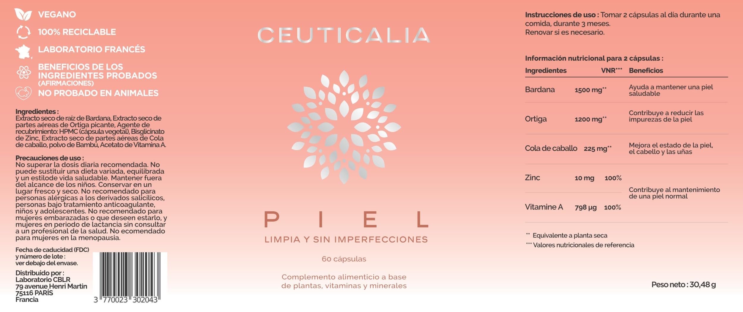Suplemento para la Cara y la Piel - Anti Puntos Negros, Acné, Piel Grasa y Seca, Granos, Manchas - Hombres, Mujeres - Zinc, Vitamina A, Ortiga, Bardana, Cola de Caballo - 180 Cápsulas, 90 Días