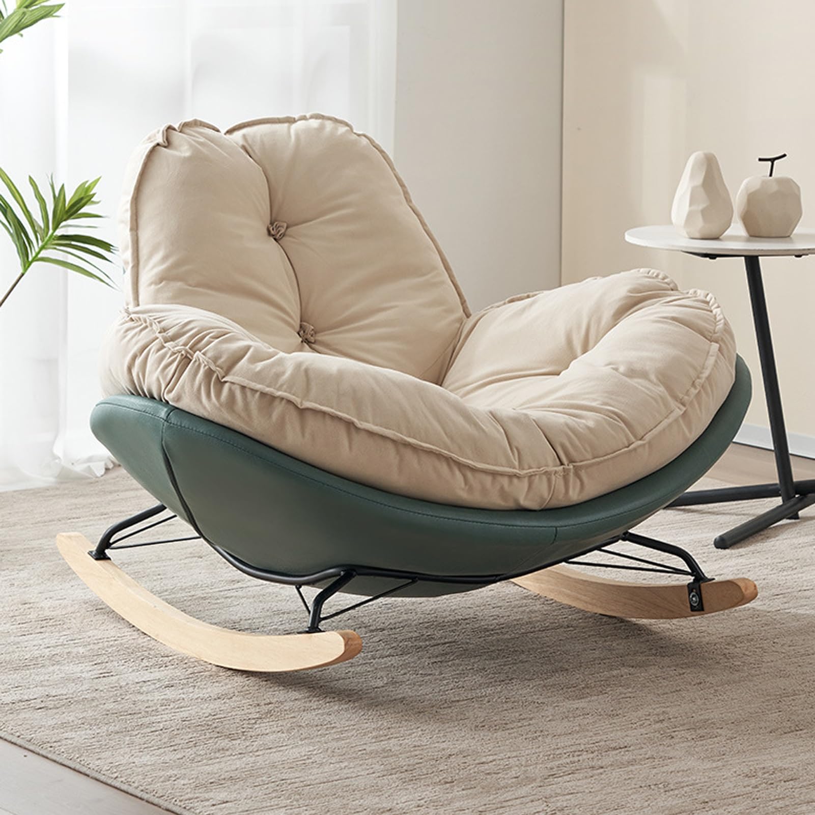 Mecedora de patio con cojín acolchado grueso, asiento interior y exterior, ideal para porche delantero, sala de estar, jardín, patio, patas de madera duraderas, relajación cómoda