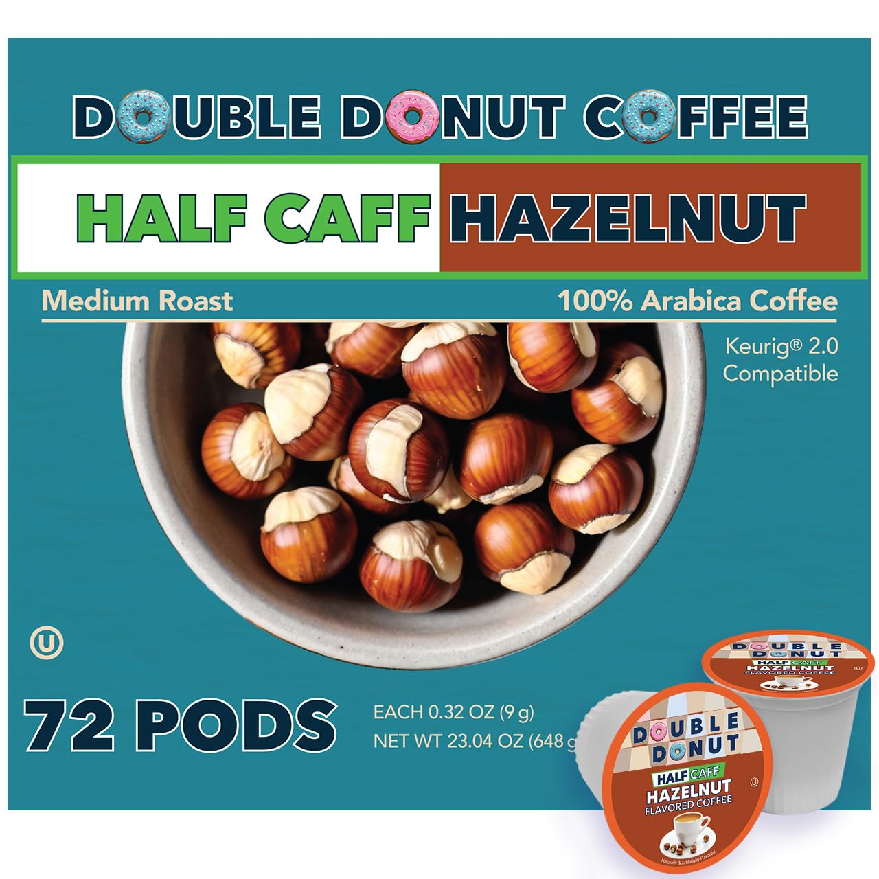Double Donut Coffee Half Caff Hazelnut Flavored Coffee Pods, Medium Roast Coffee Compatible with Keurig K Cups Brewers 72 ct