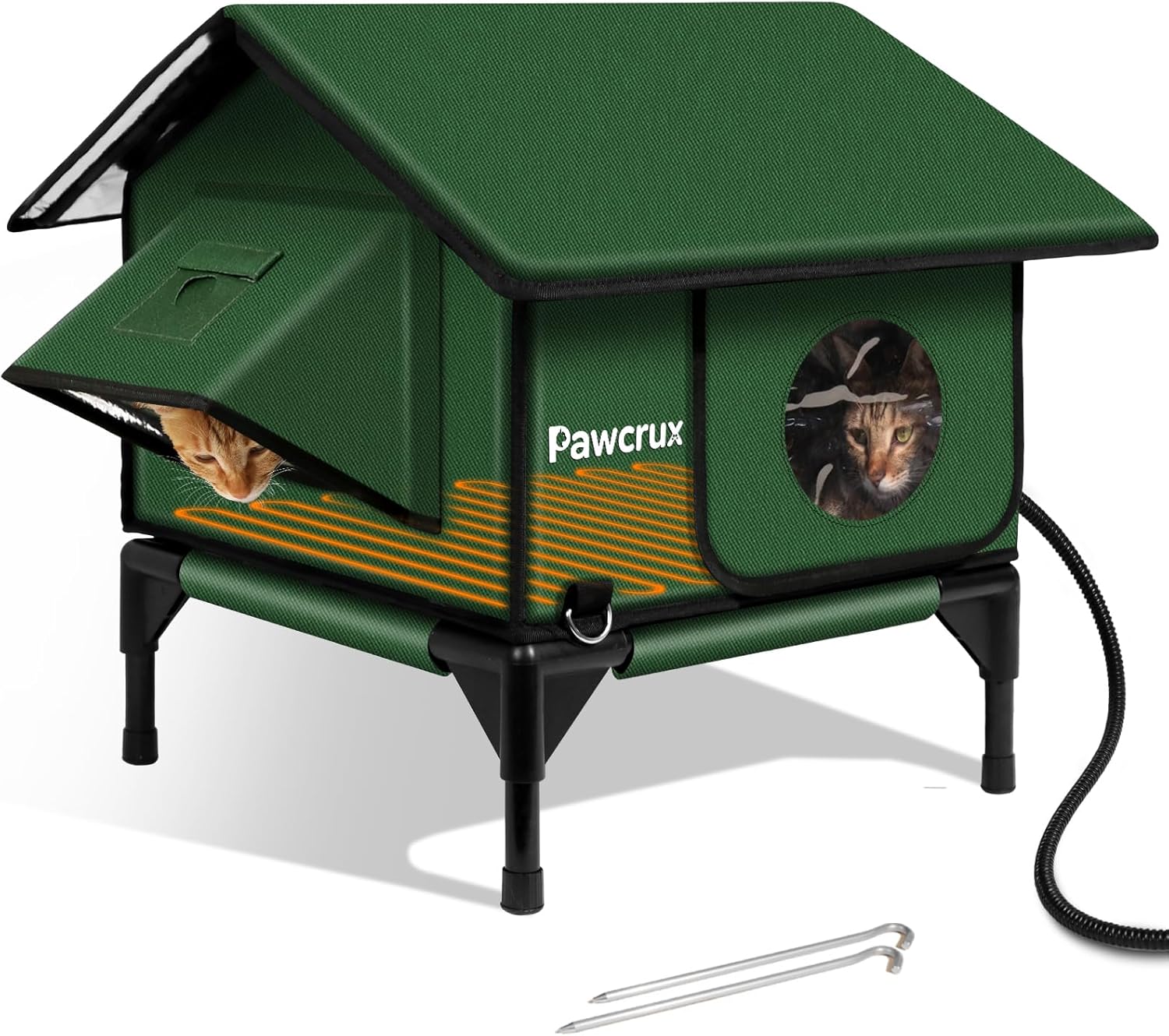 100% Waterproof Heated Cat House for Outdoor Cat with Safe Escape Door, Cat Bed Weatherproof Cat Shelter Kitty with Cat Heating Pad, Insulated Warm House for Feral Cat(Green, 24"x16"x20.2")