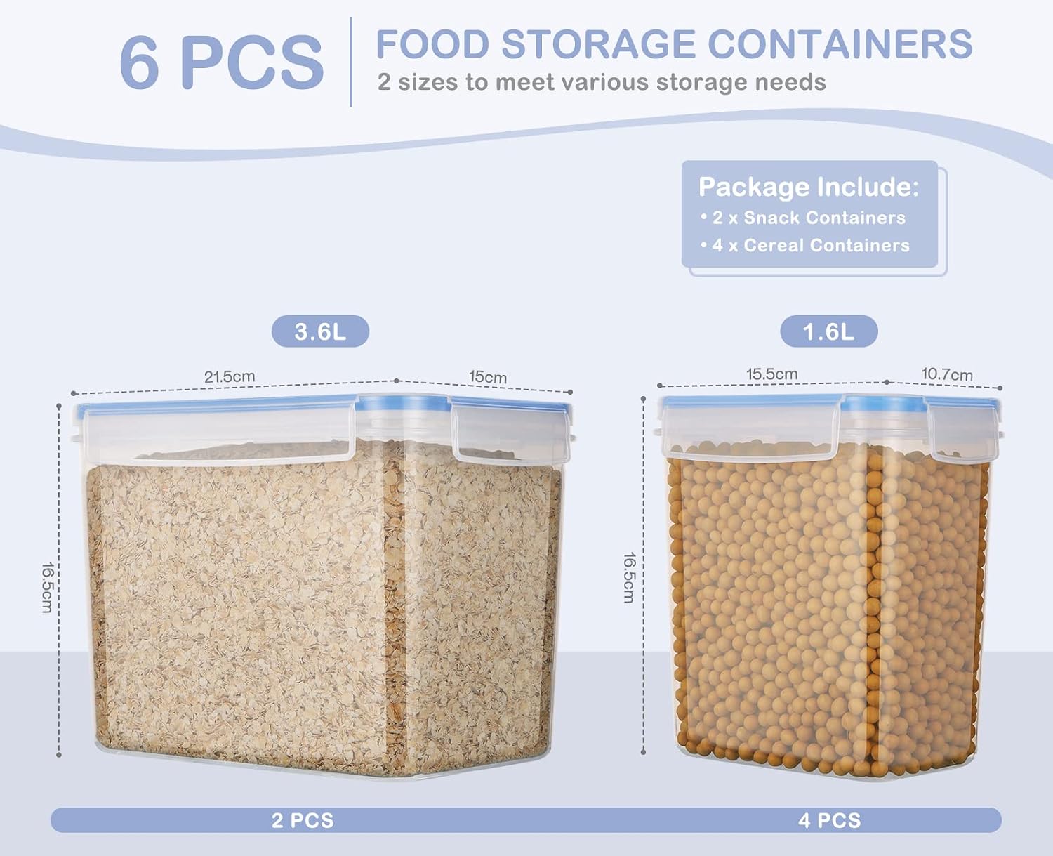 Cereal Container Storage Set - Airtight Food Storage Container 6 Pack, Cereal Containers with Lids，BPA Free Cereal Containers, Keep Food Fresh, Dry and Organized for Cereals, Oats, Flour, Cheerios