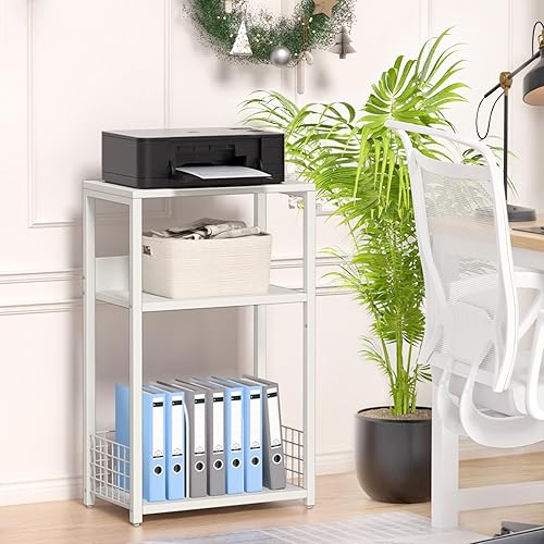 Miniatura 5 de LELELINKY Mesa auxiliar blanca, soporte de impresora pequeño con estante de almacenamiento, mesitas de noche industriales de 3 niveles, soporte para
