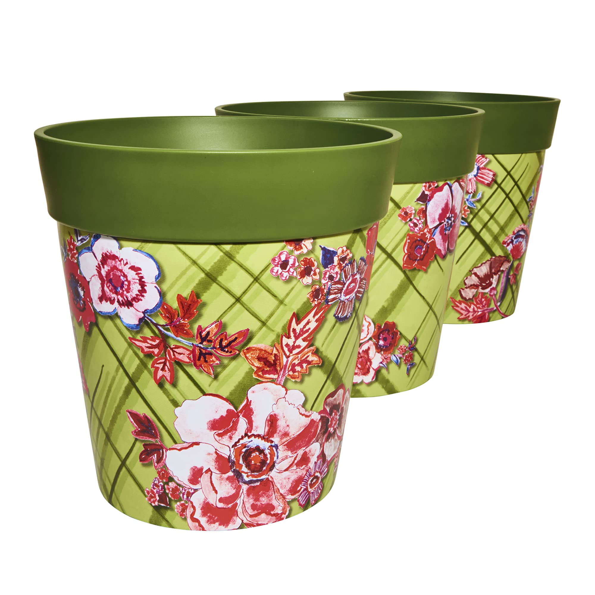 Hum Flowerpots, 22cm Set of 3, Various Patterns Colours and Sizes, Indoor/Outdoor Plastic Plant Pots, Floral Trellis green