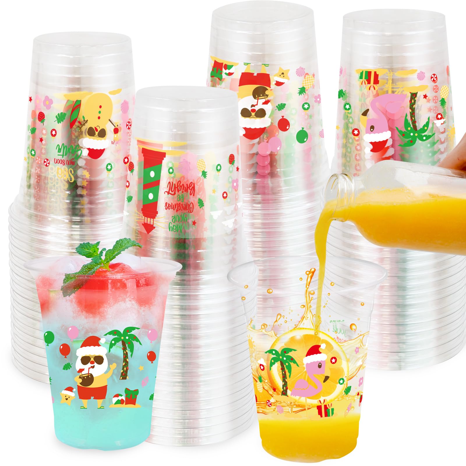 WorldBazaar Christmas in July Plastic Cups 12oz 100PCS Disposable Summer Christmas Party Cups Tropical Hawaiian Luau Tiki BBQ Birthday Party Supplies