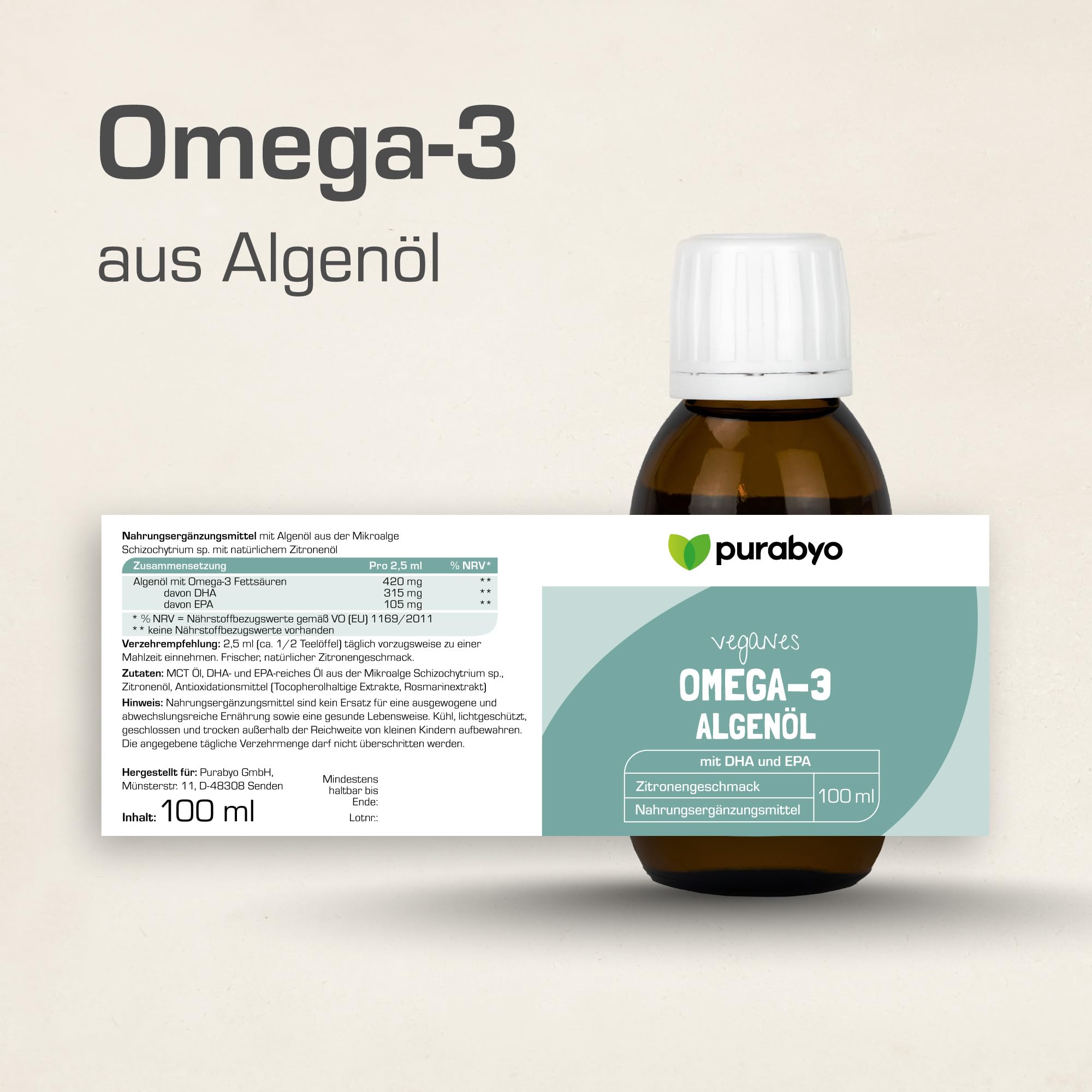 Algenöl flüssig Omega 3 VEGAN | im Glas | Veganes Algenöl | Omega 3 Fettsäuren DHA und EPA | hochdosiert | Hoher EPA Gehalt | 315 mg DHA und 105 mg EPA (Packung mit 2)