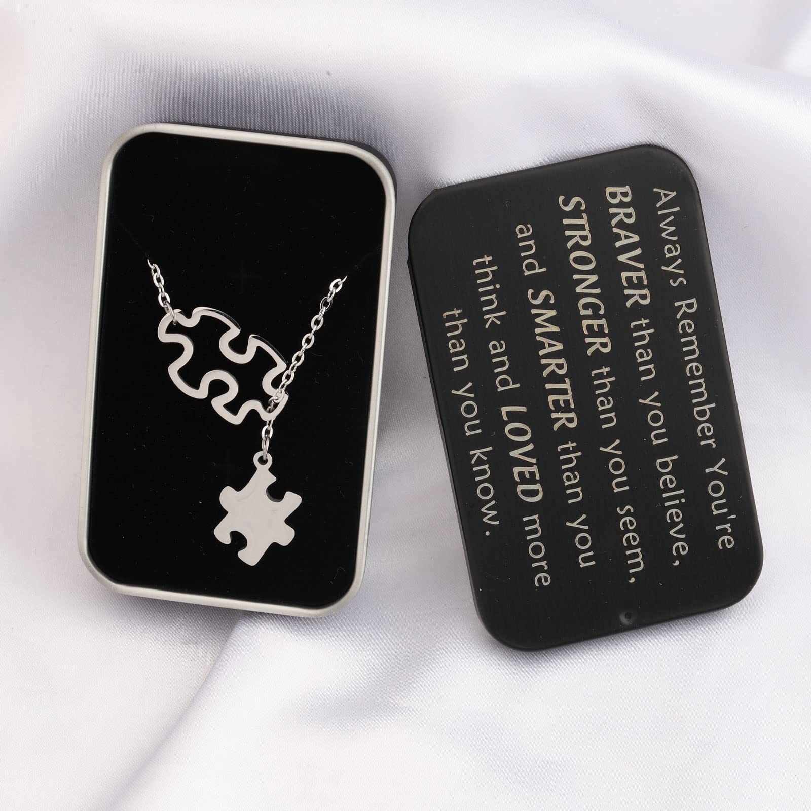 BNQL Collar de concienciación sobre el autismo, collar de rompecabezas para autismo, joyería de regalo para autismo con You Are Braver Stronger Smarter Than You Think Joyero, Collar de autismo, Large