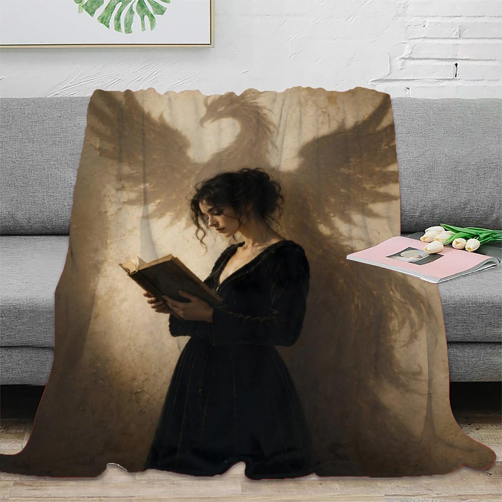 H3B8U2Y5 Woman Phoenix Shadow Blanket, Flannel, TV, Mythical Fire Art
