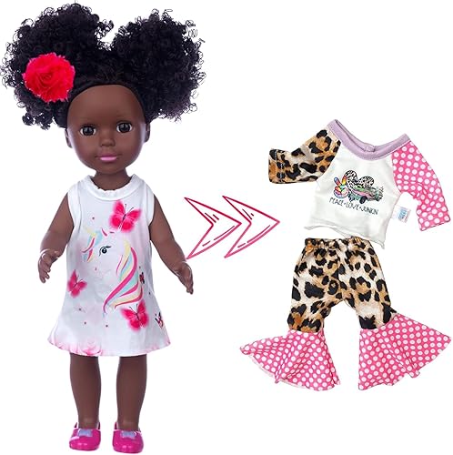 Miniatura 2 de ZQDOLL Conjunto de ropa de muñeca negra y muñeca de bebé, accesorios para muñecas, 14.5 pulgadas, muñeca afroamericana de silicona con mochila para