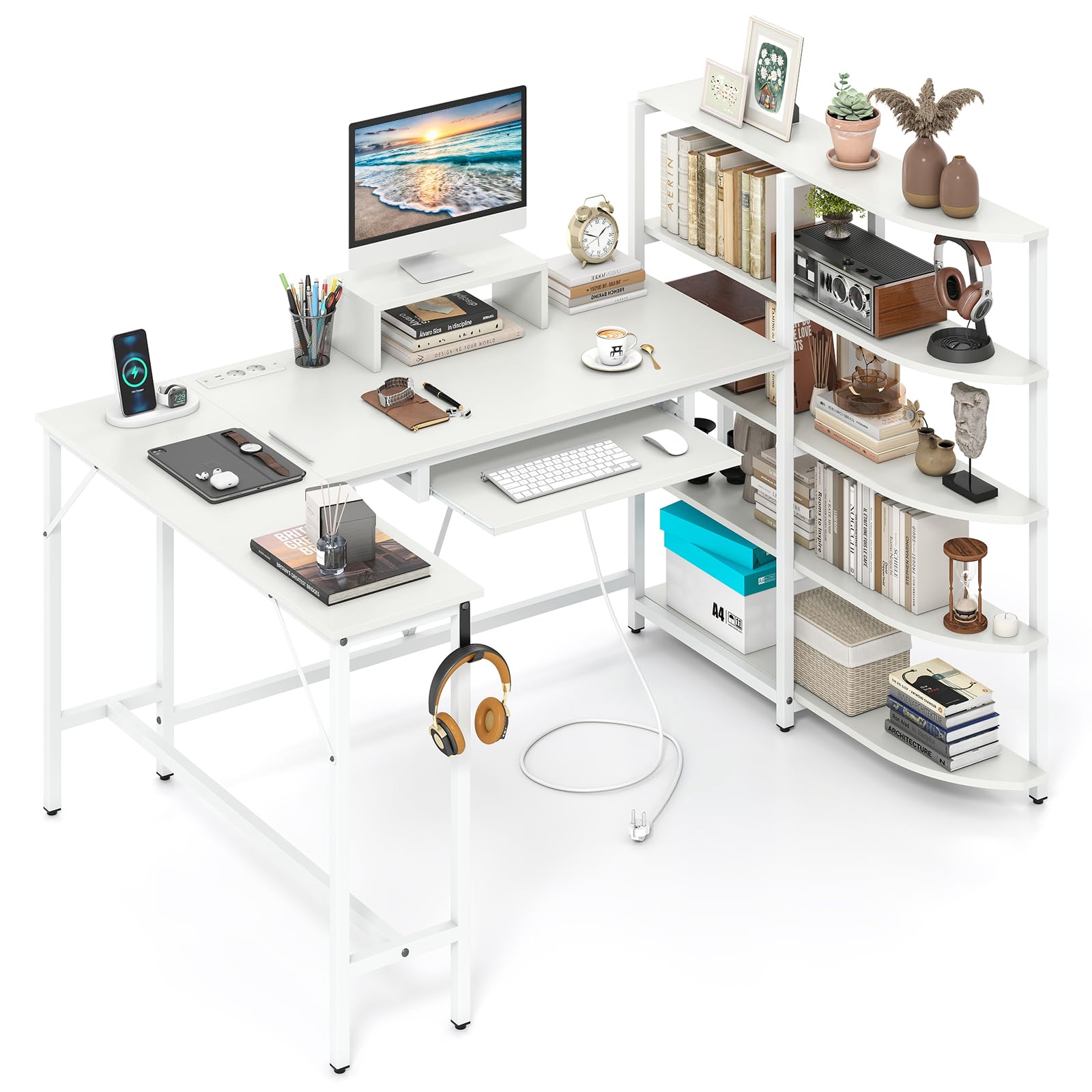 LIFEZEAL Scrivania con ripiani, tavolo da computer angolare con USB e presa elettrica & presa di corrente, scrivania a L con vano per la tastiera, tavolo per computer per home office, ufficio (Bianco)