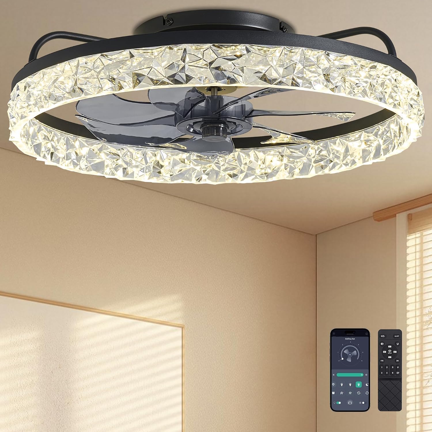 DIAMONDFORGE Ceiling Fans with Lights and Remote Fandelier - White 20'' Flush Mount Low Profile Modern Ceiling Fans for Bedroom - Stepless Color Temperature and 6 Speeds, White
