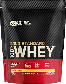 Optimum Nutrition 100% Gold Standard Whey Protein Powder, 24g Protein, Banana Cream, BCAA, Low-Sugar, Fast-Digesting Isolate for Muscle Gain & Recovery, 450 g, 15 Servings