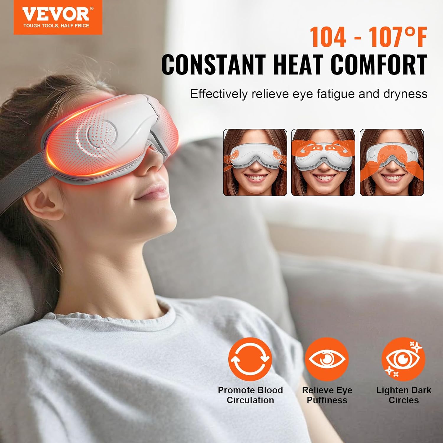 VEVOR Eye Massager with Heat, Heated Eye Massage Mask with 5 Modes and Bluetooth Music, 180° Foldable Eye Care Massager for Migraines, Eye Strain, Dark Circles, Ideal Gift for Mom/Dad, White