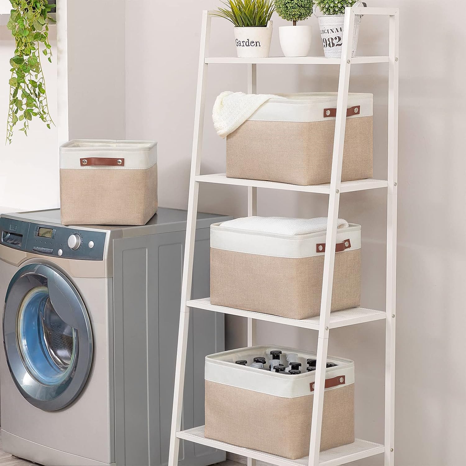 Mangata Fabric Storage Boxes Cube Shape 33 x 38 x 33 - Pack of 4 Light Khaki and White