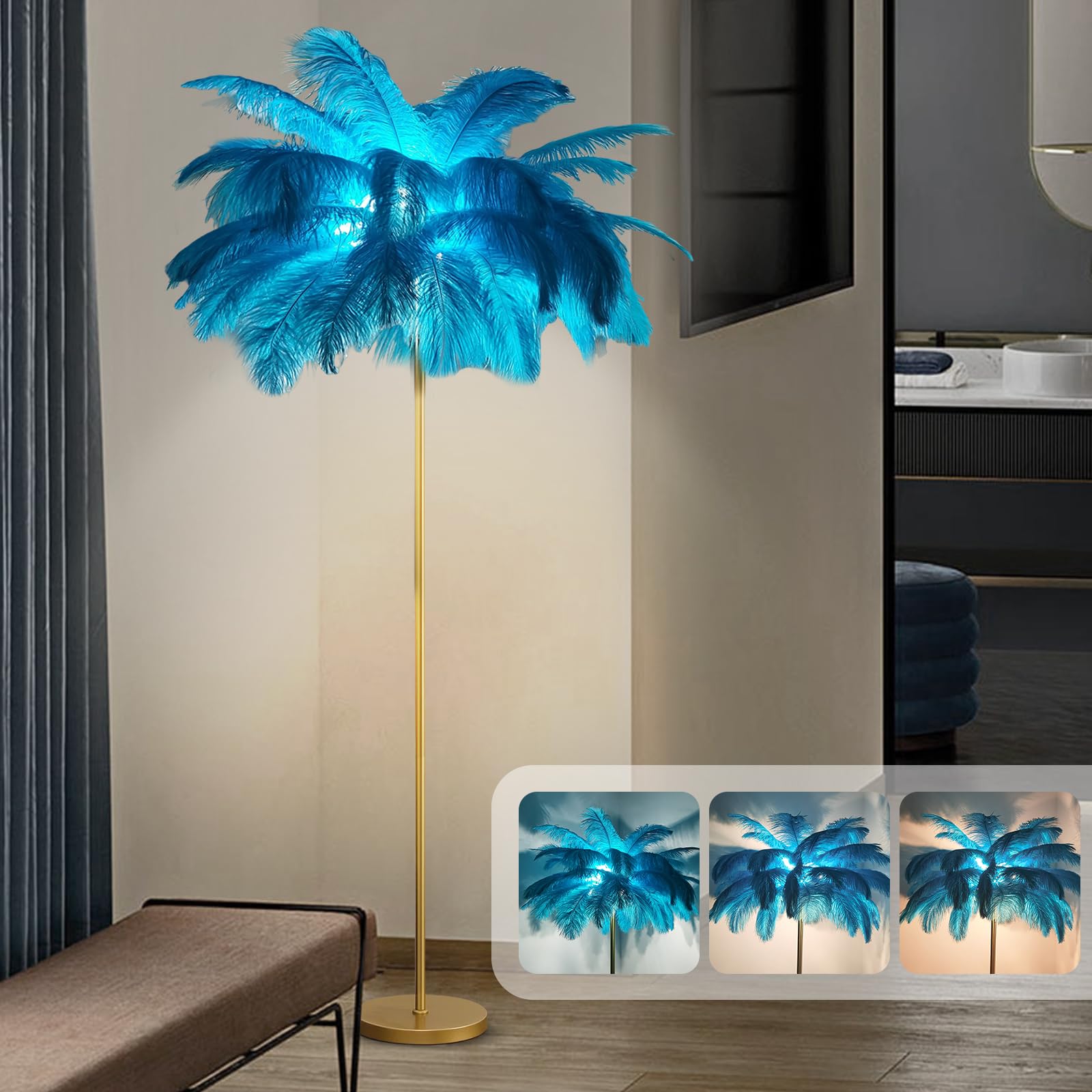 pombconw Ostrich Feather lamp,black pink Gold Floor lamp feather led standing lamp for Daughter's Room can be DIY Applicable to living room lamp decoration (sky blue)