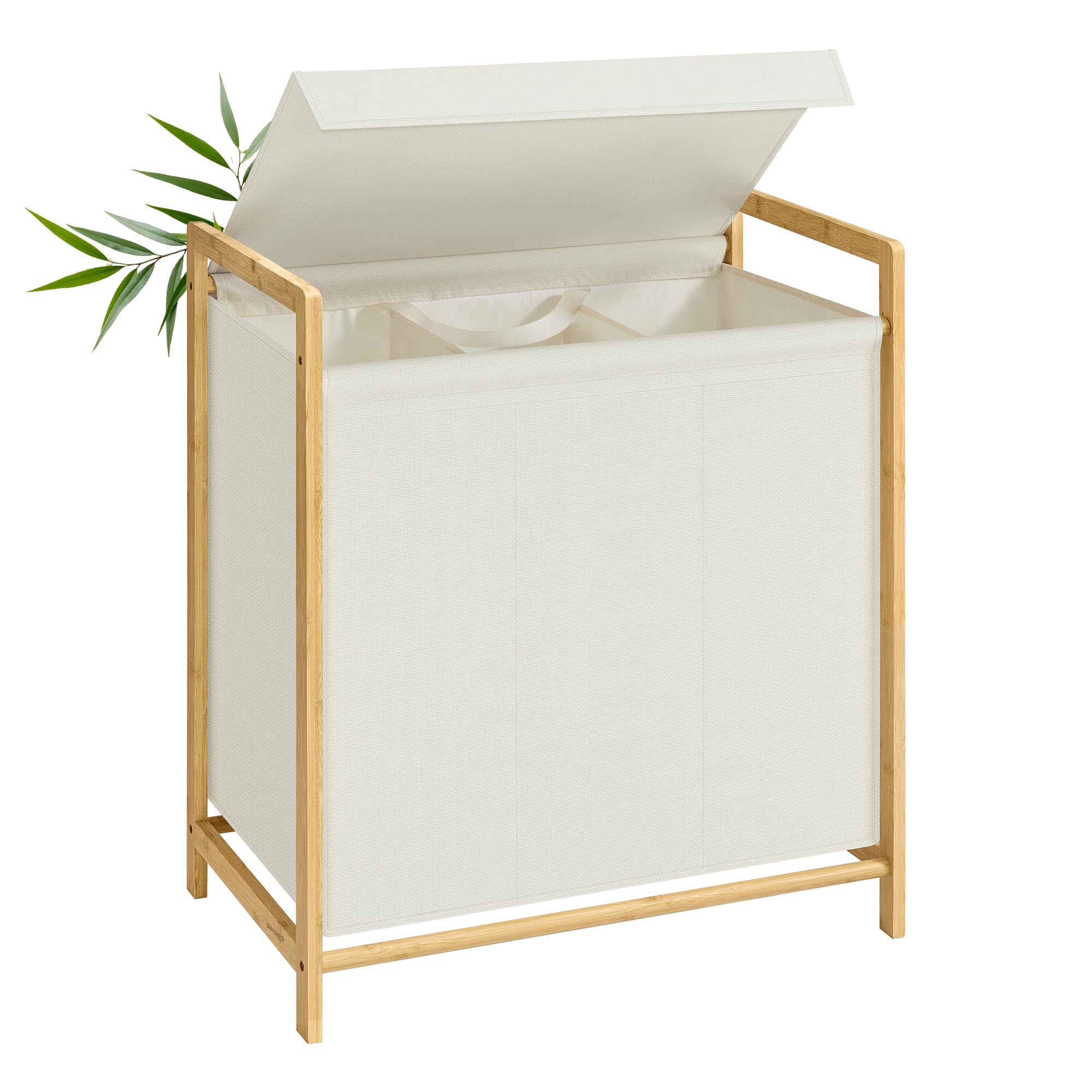 SONGMICS Panier à Linge 3 Compartiments, Corbeille à Linge Sale, Structure en Bambou, Couvercle Renforcé et Amovible, Sac Amovible, 150 L, Blanc Crème RLH103WD01